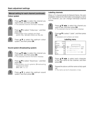 Page 2422
Basic adjustment settings
3
Press a/b/c/d to select the channel you
want to edit, and then press OK.
• The selected channel information displays.
1
2
Press a/b to select the optimum colour
system, and then press OK. Press a/b to select “Colour sys.”, and then
press OK.
• Receivable colour systems are listed.
(AUTO, PAL, SECAM, NTSC4.43, PAL-60)
Sound system (Broadcasting system)
3
Press a/b/c/d to select the channel you
want to edit, and then press OK.
• The selected channel information displays....