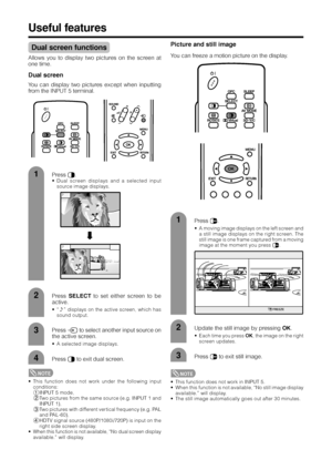 Page 5048
Useful features
Dual screen functions
Allows you to display two pictures on the screen at
one time.
Dual screen
You can display two pictures except when inputting
from the INPUT 5 terminal.
Press c.
• Dual screen displays and a selected input
source image displays.
2
3
NOTE
• This function does not work under the following input
conditions:
1INPUT 5 mode,
2Two pictures from the same source (e.g. INPUT 1 and
INPUT 1),
3Two pictures with different vertical frequency (e.g. PAL
and PAL-60),
4HDTV signal...