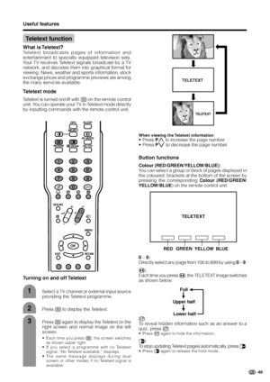 Page 5149
Useful features
Teletext function
What is Teletext?
Teletext broadcasts pages of information and
entertainment to specially equipped television sets.
Your TV receives Teletext signals broadcast by a TV
network, and decodes them into graphical format for
viewing. News, weather and sports information, stock
exchange prices and programme previews are among
the many services available.
Teletext mode
Teletext is turned on/off with m on the remote control
unit. You can operate your TV in Teletext mode...