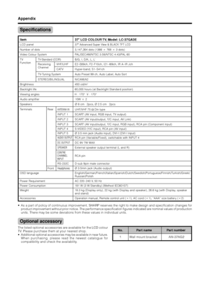 Page 5856
Appendix
Item37o LCD COLOUR TV, Model: LC-37GA3E
Video Colour System PAL/SECAM/NTSC 3.58/NTSC 4.43/PAL 60
TV
FunctionB/G, I, D/K, L, L’
TV-Standard (CCIR)
Specifications
LCD panel37o Advanced Super View & BLACK TFT LCD
Number of dots 3,147,264 dots (1366 g 768 g 3 dots)
•As a part of policy of continuous improvement, SHARP reserves the right to make design and specification changes for
product improvement without prior notice. The performance specification figures indicated are nominal values of...