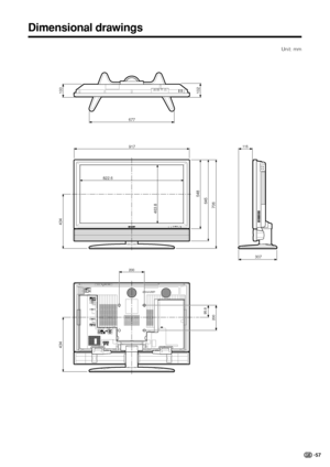 Page 5957
Dimensional drawings
917
706
548
645
434
434
822.6
463.8
200
20095.9
100
677
102
307
115
Unit: mm
LC-37GA3E(E)-k04.6.25, 8:07 AM 57
 