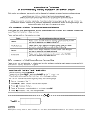 Page 6058
Information for Customers
on environmentally friendly disposal of this SHARP product
If this product cannot be used any more, it should be disposed of in a legally correct and environmentally sound way.
DO NOT DISPOSE OF THIS PRODUCT WITH YOUR HOUSEHOLD WASTE
OR MIXED WITH OTHER WASTES! YOU MIGHT ENDANGER THE ENVIRONMENT!
Sharp Corporation is committed to protecting the environment and conserving energy. Our goal is to minimize the
environmental impact of our products by continually implementing and...