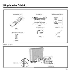 Page 53
 Mitgeliefertes Zubehör
PIP
PC ABC DEF
JKL GHI MNO
TUV PQRS WXYZ
INFO
ENDBACK TIMER
RADIO
LC-26GD7E
LC-32GD7E
LC-37GD7E
Fernbedienung (x 1)
Seite 4 
Bündeln der Kabel
Netzkabel (x 1) Bedienungsanleitung (x 1)
Das Produkt kann je nach
Lieferland Unterschiede aufweisen
Seite 9
Seite 3
Seite 9  Mikrozellen Typ“AAA” (x 2)Kabelklemme (x 1)
Kabelklemme
Kabelbinder (x 1)
Seite 3
Kabelbinder 
 