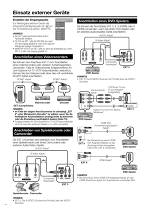 Page 12
 10
VIDEO
S-VID EO
L-A UDIO-RAV  O UTP UT
Einsatz externer Geräte
Einstellen der Eingangsquelle
Zur Wiedergabe externer Geräte die 
entsprechende Signalquelle mit 
b an 
der Fernbedienung wählen. (Seite 19)
HINWEIS
•  Die mit * gekennzeichneten Kabel sind im 
Fachhandel erhältlich.
•  TV-OUT von EXT 1 gibt das DTV-Bild aus, wenn 
DTV als Eingang gewählt ist. Falls nicht, liegt hier 
ständig das analoge Fernsehbild an.
•  MONITOR OUTPUT von EXT 2 gibt nur dann das Audiosignal aus, wenn 
EXT 4, 5 oder 6...