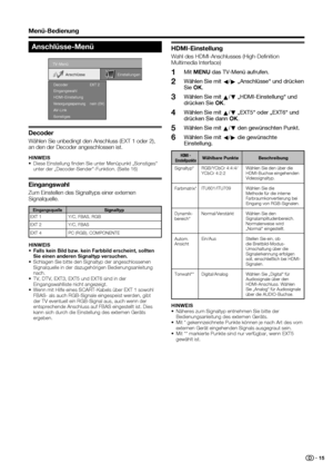 Page 17
 15
Menü-Bedienung
Anschlüsse-Menü
EingangsquelleSignaltyp
EXT 1 Y/C, FBAS, RGB
EXT 2
Y/C, FBAS
EXT 4 PC (RGB), COMPONENTE
TV-Menü
HDMI-Einstellung
Versorgungsspannung
AV-Link
Sonstiges Einstellungen
Anschlüsse
Eingangswahl Decoder
nein (0V)  EXT 2
HDMI-Einstellung
Wahl des HDMI-Anschlusses (High-Deﬁ nition 
Multimedia Interface)Mit MENU  das TV-Menü aufrufen.
Wählen Sie mit  c/
d  „Anschlüsse“ und drücken 
Sie  OK.
Wählen Sie mit  a/
b  „HDMI-Einstellung“ und 
drücken Sie  OK.
Wählen Sie mit  a/
b...