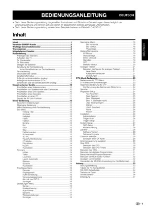 Page 3
 1
DEUTSCH
BEDIENUNGSANLEITUNGDEUTSCH
 
Inhalt .................................................................\
..............................1
Verehrter SHARP-Kunde ..............................................................2
Wichtige Sicherheitshinweise ......................................................2
Warenzeichen ...........................................................\
.....................2
Mitgeliefertes Zubehör..................................................................3...