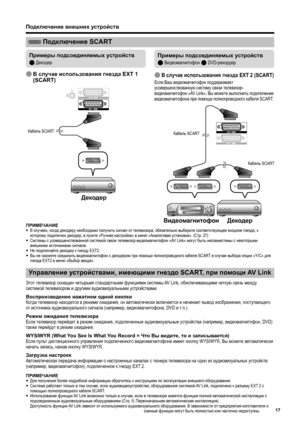 Page 19
Подключение SCART
Подключение внешних  устройств
E В  случае  использования  гнезда  EXT 1 
(SCART)E В  случае  использования  гнезда  EXT 2 (SCART)
Если Ваш  видеомагнитофон  поддерживает  
усовершенствованную  систему  связи  телевизор -
видеомагнитофон  «AV Link», Вы можете  выполнить  подключение  
видеомагнитофона  при  помощи  полнопроводного  кабеля  SCART.
Управление  устройствами , имеющими  гнездо  SCART,  при помощи  AV Link 
Этот телевизор  оснащен  четырьмя  стандартными  функциями  системы...