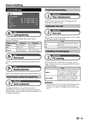 Page 2725
Lydindstillinger
Lyd
Diskant[Fra]
Bas
Balance
Surround
Basforstærker
NulstilDYNAMISK
L30
R30
Lyd
Lydregulering
Du kan regulere lydkvaliteten efter ønske med de 
følgende indstillinger.
Valgbare poster
c (Markør)d (Markør)
Diskant Mindre diskant Mere diskant
Bas Mindre bas Mere bas
Balance Mindsker lyden fra 
den højre højttaler Mindsker lyden fra 
den venstre højttaler
Lyd
Surround
Denne surroundfunktion lader dig nyde realistisk og live 
lyd.
Lyd
Basforstærker
Denne surroundfunktion lader dig nyde...
