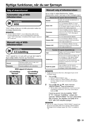 Page 3331
Valg af skærmformat
Automatisk valg af WSS-
billedstørrelsen
Indstilling
WSS
”WSS” tillader et fjernsyn at skifte automatisk mellem de 
forskellige billedstørrelse.
BEMÆRKAnvend ”BREDFORMAT”, hvis et billede ikke skifter til den 
korrekte billedstørrelse. Hvis et sendesignal ikke indeholder 
nogen ”WSS”-information, vil funktionen ikke fungere, uanset at 
den er aktiveret.
Manuelt valg af WSS-
billedstørrelsen
Indstilling
4:3 indstilling
”WSS”-signalet har 4:3 auto-skift, som gør det muligt for 
dig...