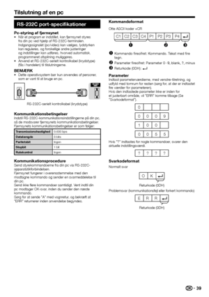 Page 4139
RS-232C port-specifikationer
Pc-styring af fjernsynetNår et program er indstillet, kan fjernsynet styres 
fra din pc ved hjælp af RS-232C-terminalen. 
Indgangssignalet (pc/video) kan vælges, lydstyrken 
kan reguleres, og forskellige andre justeringer 
og indstillinger kan udføres, hvorved automatisk, 
programmeret afspilning muliggøres.
Anvend et RS-232C-serielt kontrolkabel (krydstype) 
(fås i handelen) til tilslutningerne.
BEMÆRKDette operativsystem bør kun anvendes af personer, 
som er vant til at...