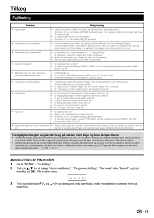 Page 4341
Fejlfinding
ProblemMulig løsning
Ingen strøm.
•
Tænd for (;) MAIN POWER-kontakten på venstre side af fjernsynet (side 4).
Kontroller, om du har trykket på B på fjernbetjeningen. Hvis indikatoren på fjernsynet lyser rødt, skal 
du trykke på B.
Er netledningen taget ud af forbindelsen?
Kontroller, om du har trykket på a på fjernsynet.
•
•
•
•
Fjernsynet kan ikke betjenes.
• Ydre omstændigheder, såsom lynnedslag, statisk elektricitet osv. kan forårsage fejlagtig 
funktionsydelse. Betjen i dette tilfælde...