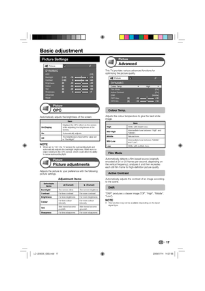 Page 1917
Picture Settings
Picture
OPC [Off]
Backlight
Contrast
Brightness
Colour
Tint
Sharpness
Advanced
ResetDYNAMIC
Picture
OPC
Automatically adjusts the brightness of the screen.
Item
On:DisplayDisplays the OPC effect on the screen 
while adjusting the brightness of the 
screen.
On
Automatically adjusts.
OffThe brightness is fixed at the value set 
in “Backlight”.
NOTEWhen set to “On”, the TV senses the surrounding light and 
automatically adjusts the backlight brightness. Make sure no 
object obstructs the...