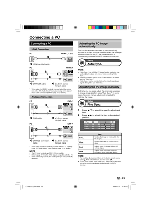 Page 2725
Connecting a PC
HDMI Connection
PC HDMI 1, 2 or 3

HDMI-certified cable
PC HDMI 2*


DVI/HDMI cableø 3.5 mm stereo 
minijack cable
When using the HDMI 2 terminal, you must select the proper 
item in the “PC Audio Select” menu depending on the type of 
HDMI cable connected (Refer to page 19 for details).
Analogue Connection
PC EXT 4*


RGB cableø 3.5 mm stereo 
minijack cable
PC EXT 4*


DVI/RGB conversion 
cableø 3.5 mm stereo 
minijack cable
When using the EXT 4 terminal, you must...