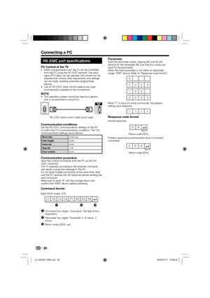 Page 2826
RS-232C port specifications
PC Control of the TVWhen a programme is set, the TV can be controlled 
from the PC using the RS-232C terminal. The input 
signal (PC/video) can be selected, the volume can be 
adjusted and various other adjustments and settings 
can be made, enabling automatic programmed 
playing.
Use an RS-232C serial control cable (cross type) 
(commercially available) for the connections.
NOTEThis operation system should be used by a person 
who is accustomed to using PCs.
RS-232C serial...