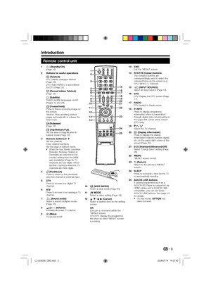 Page 53
Remote control unit
B (Standby/On)
(Page 10)
Buttons for useful operations
m (Teletext)
ATV: Display analogue teletext 
(Page 12).
DTV: Select MHEG-5 and teletext 
for DTV (Page 12).
k (Reveal hidden Teletext)
(Page 12)
[ (Subtitle)
Switch subtitle languages on/off 
(Pages 12 and 22).
3 (Freeze/Hold)
Press to freeze a moving image on 
the screen.
Teletext: Stop updating teletext 
pages automatically or release the 
hold mode.
1 (Subpage)
(Page 12)
v (Top/Bottom/Full)
Set the area of magnification in...