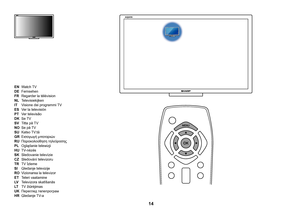 Page 14 14
EN Watch TV
DE Fernsehen
FR Regarder la télévision
NL Televisiekijken
IT Visione dei programmi TV 
ES  Ver la televisión
PT Ver televisão
DK Se TV
SV Titta på TV
NO Se på TV
SU Katso TV:tä
GR Εισαγωγή μπαταριών
RU Παρακολούθηση τηλεόρασης
PL Oglądanie telewizji
HU  TV-nézés
SK Sledovanie televízie
CZ   Sledování televizoru
TR   TV İzleme
SI Gledanje televizije
RO  Vizionarea la televizor
ET Teleri vaatamine
LV  Televizora skatīšanās
LT  TV žiūrėjimas
UK Перегляд телепрограм
HR Gledanje TV-a
 