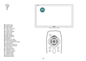 Page 17 17
EN   Onscreen help
DE Bildschirmhilfe
FR Aide à l’écran
NL  Help op het scherm
IT Guida a video
ES Ayuda en pantalla
PT Ajuda no ecrã
DK Skærmhjælp
SV Hjälp på skärmen
NO Hjelp på skjermen
SU Näyttöohje
GR Βοήθεια στην οθόνη
RU Электронная справка
PL Pomoc wyświetlana na ekranie
HU  Képernyősúgó
SK Pomocník na obrazovke
CZ Nápověda na obrazovce
TR Ekran yardımı
SI Zaslonska pomoč
RO Asistenţă pe ecran
ET Ekraanil kuvatav abi
LV  Palīdzība ekrānā
LT  Pagalba ekrane
UK Екранна довідка
HR Zaslonska pomoć
 