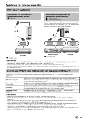 Page 1917
SCART-verbinding
Voorbeelden van apparaten die 
aangesloten kunnen worden
Decoder
E

Decoder
SCART-kabel

Voorbeelden van apparaten die 
aangesloten kunnen worden
Videorecorder
DVD-speler/recorder
E
E
Als uw videorecorder geschikt is voor geavanceerde TV-
videorecorder AV Link systemen, kunt u de videorecorder 
met een voldraads SCART-kabel aansluiten.


Videorecorder Decoder
SCART-kabel

OPMERKINGWanneer de decoder een signaal moet ontvangen van de TV, dient u ervoor te zorgen dat de...
