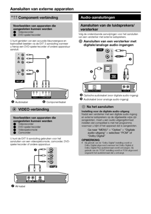 Page 2018
YPB
(CB)PR
(CR)Component-verbinding
Voorbeelden van apparaten die 
aangesloten kunnen worden
Videorecorder
DVD-speler/recorder
E
E
U kunt genieten van een accurate kleurweergave en 
topkwaliteit beelden via de EXT 3 aansluiting wanneer 
u hierop een DVD-speler/recorder of andere apparatuur 
aansluit.
YPB(CB)
L
RPR(CR)COMPONENT
AUDIO
 
AudiokabelComponentkabel
VIDEO-verbinding
Voorbeelden van apparaten die 
aangesloten kunnen worden
Videorecorder
DVD-speler/recorder
Videospelconsole
Camcorder
E
E...