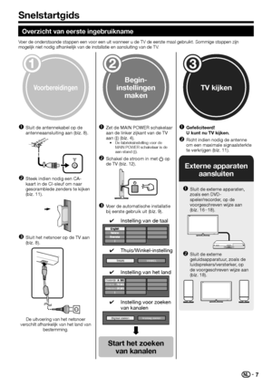 Page 97
Overzicht van eerste ingebruikname
Voer de onderstaande stappen een voor een uit wanneer u de TV de eerste m\
aal gebruikt. Sommige stappen zijn 
mogelijk niet nodig afhankelijk van de installatie en aansluiting van de\
 TV.
Voorbereidingen
Sluit de antennekabel op de 
antenneaansluiting aan (blz. 8).
Steek indien nodig een CA-
kaart in de CI-sleuf om naar 
gescramblede zenders te kijken 
(blz. 11).
Sluit het netsnoer op de TV aan 
(blz. 8).
De uitvoering van het netsnoer 
verschilt afhankelijk van het...