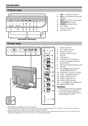 Page 6
TV (front view)
134 586 72
Yl/k (Volume buttons)
!s/r (Programme [channel] 
buttons)
#b (Input source button)
@- (Menu button)
