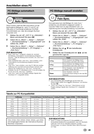 Page 51


PC-Bildlage automatisch 
einstellen
Optionen
Auto-Sync.
Diese Funktion stellt das Bild automatisch auf die bestmögliche Bildlage ein, wenn TV und PC mit Hilfe eines im Fachhandel erhältlichen DVI/RGB-Konverterkabels usw. über die analogen Buchsen verbunden sind.
Wählen Sie mit b „EXT 3“ im „EINGANG“-Menü und drücken Sie dann ;.
Gehen Sie zu „Menü“ > „Setup“ > „Optionen“ > „Buchseneinstellung“ > „Eingangswahl“ und wählen Sie „RGB“.
Gehen Sie zu „Menü“ > „Setup“ > „Optionen“ >...