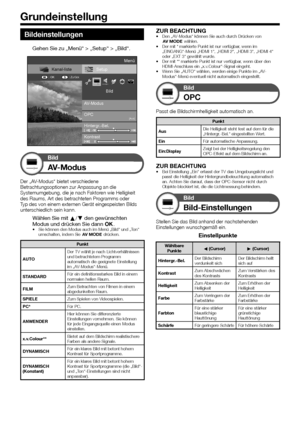 Page 3230
Bildeinstellungen
Gehen Sie zu „Menü“ > „Setup“ > „Bild“.
Setup
AV-Modus Bild
OPC
[Aus]
Kanal-liste
: Zurück
: OK
Menü
Hintergr.-Bel.
Kontrast
Bild
AV-Modus
Der	„AV-Modus“	bietet	verschiedene	Betrachtungsoptionen	zur	Anpassung	an	die	Systemumgebung,	die	je	nach	Faktoren	wie	Helligkeit	des	Raums,	Art	des	betrachteten	Programms	oder	Typ	des	von	einem	externen	Gerät	eingespeisten	Bilds	unterschiedlich	sein	kann.
Wählen Sie mit a/b den gewünschten Modus und drücken Sie dann ;.•	Sie	können	den	Modus	auch...