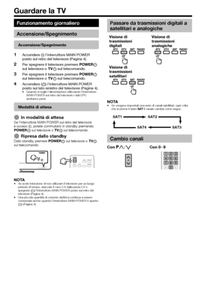Page 1816
Funzionamento giornaliero
Accensione/Spegnimento
Accensione/Spegnimento
Accendere (;) l’interruttore MAIN POWER 
posto sul retro del televisore (Pagina 4).
Per spegnere il televisore premere a sul telecomando.
Per spegnere il televisore premere a sul telecomando.
Accendere (a) l’interruttore MAIN POWER 
posto sul lato sinistro del televisore (Pagina 4).
Quando si toglie l’alimentazione utilizzando l’interruttore 
MAIN POWER sul retro del televisore i dati EPG 
andranno persi.
Modalità di attesa
In...