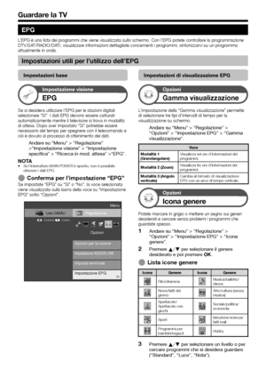 Page 2018
Guardare la TV
EPG
L’EPG è una lista dei programmi che viene visualizzata sullo schermo. Con l’EPG potete controllare la programmazione 
DTV/SAT/RADIO/DATI, visualizzare informazioni dettagliate concernenti i programmi, sintonizzarvi su un programma 
attualmente in onda.
Impostazioni utili per l’utilizzo dell’EPG
Impostazioni base
Impostazione visione
EPG
Se si desidera utilizzare l’EPG per le stazioni digitali 
selezionare “Sì”. I dati EPG devono essere catturati 
automaticamente mentre il televisore...