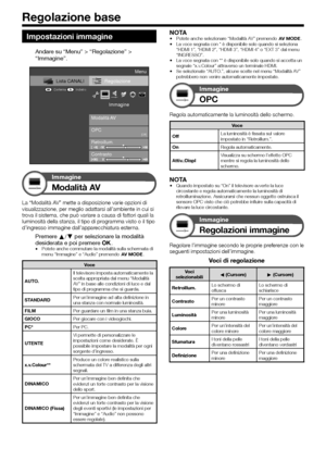 Page 3028
Impostazioni immagine
Andare su “Menu” > “Regolazione” > 
“Immagine”.
Regolazione
Modalità AV Immagine
OPC
[Off]
Lista CANALI
:Indietro:Conferma
Menu
Retroillum.
Contrasto
Immagine
Modalità AV
La “Modalità AV” mette a disposizione varie opzioni di 
visualizzazione, per meglio adattarsi all’ambiente in cui si 
trova il sistema, che può variare a causa di fattori quali la 
luminosità della stanza, il tipo di programma visto o il tipo 
d’ingresso immagine dall’apparecchiatura esterna.
Premere a/b per...