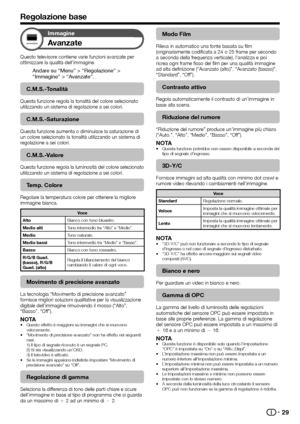 Page 3129
Immagine
Avanzate
Questo televisore contiene varie funzioni avanzate per 
ottimizzare la qualità dell’immagine.
Andare su “Menu” > “Regolazione” > 
“Immagine” > “Avanzate”.
C.M.S.-Tonalità
Questa funzione regola la tonalità del colore selezionato 
utilizzando un sistema di regolazione a sei colori.
C.M.S.-Saturazione
Questa funzione aumenta o diminuisce la saturazione di 
un colore selezionato la tonalità utilizzando un sistema di 
regolazione a sei colori.
C.M.S.-Valore
Questa funzione regola la...