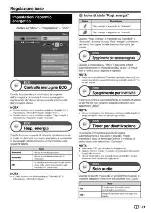 Page 3331
Impostazioni risparmio 
energetico
Andare su “Menu” > “Regolazione” > “ECO”.
Regolazione
Spegnimento per assenza segnale
Controllo immagine ECO
ECO
Risp. energia 
Lista CANALI
:Indietro:Conferma
Menu
Spegnimento per inattivita[Disattiva] [Disattiva] [Off]
[On]
ECO
Controllo immagine ECO
Questa funzione rileva in automatico la sorgente 
dell’immagine e diminuisce il consumo energetico, 
mantenendo allo stesso tempo invariata la luminosità 
dell’immagine stessa.
NOTAQuesta funzione non è operativa...