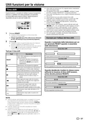 Page 3937
Time shift
Questa funzione vi consente di mettere in pausa il programma 
televisivo o satellitare che state guardando e di riprendere 
la visione dalla scena messa in pausa. Questa funzione è 
disponibile solo per le serie del modello 822.
Premere READY.Il televisore inizia la registrazione contemporanea della 
trasmissione in tempo reale.
Il tempo registrabile per il Time shift è di circa 150 minuti 
per SD o 60 minuti per HD (a seconda dei programmi).
Premere I.Il televisore mostra il programma...