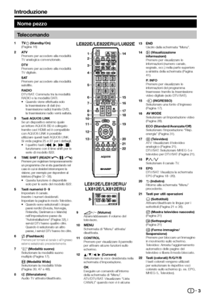 Page 53
Nome pezzo
Telecomando
>a (Standby/On)
(Pagina 16)
AT V
Premere per accedere alla modalità 
TV analogica convenzionale.
DTV
Premere per accedere alla modalità 
TV digitale.
SAT
Premere per accedere alla modalità 
satellite.
RADIO
DTV/SAT: Commuta tra la modalità 
RADIO e la modalità DATI.
Quando viene effettuata solo 
la trasmissione di dati (no 
trasmissione radio) tramite DVB, 
la trasmissione radio verrà saltata.
Tasti AQUOS LINKSe un dispositivo esterno quale 
un lettore AQUOS BD è collegato...