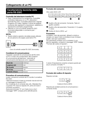 Page 5250
Caratteristiche tecniche della 
porta RS-232C
Controllo del televisore tramite PCDopo l’impostazione di un programma, è possibile 
controllare il televisore con un PC utilizzando il 
terminale RS-232C. È possibile selezionare il segnale 
d’ingresso (PC/video), regolare il volume ed eseguire 
numerose altre regolazioni e impostazioni, abilitando la 
riproduzione automatica programmata.
Utilizzare un cavo di controllo seriale RS-232C 
(incrociato) (disponibile in commercio) per i 
collegamenti....