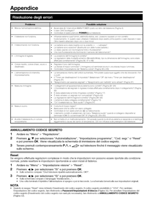 Page 5452
Risoluzione degli errori
ProblemaPossibile soluzioneManca l’alimentazione elettrica.
•
Accendere (;) l’interruttore MAIN POWER posto sul retro del televisore (Pagina 4).
Il cavo CA è scollegato?
Controllare di avere premuto  “Regolazione”.
Premere a/b per selezionare “Autoinstallazione”, “Impostazione programma”, “Cod. segr.” o “Reset” 
e poi premere ;. Viene visualizzata la schermata di immissione del codice segreto.
Tenere premuti contemporaneamente :r e i+ sul televisore finché il messaggio viene...