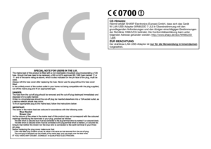 Page 2ASA
CE-Hinweis:
Hiermit erklärt SHARP Electronics (Europe) GmbH, dass sich das Gerät 
W-LAN USB-Adapter (WN8522D 7-JU) in Übereinstimmung mit den 
grundlegenden Anforderungen und den übrigen einschlägigen Bestimmungen 
der Richtlinie 1999/5/EG befindet. Die Konformitätserklärung kann \
unter 
folgender Adresse gefunden werden: http://www.sharp.de/doc/WN8522D 
7.pdf.
ZUR BEACHTUNG
Der drahtlose LAN-USB-Adapter ist nur für die Verwendung in Innenräumen 
vorgesehen.
 