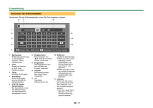 Page 1513
 Verwenden der Softwaretastatur
Verwenden Sie die Softwaretastatur, wenn Sie Text eingeben müssen.
Zeichensatz
Groß
Fertig
AnnullierenLZLöschen
Entfernen
Cursor links GroßZeichensatzCursor rechts
1 8
76
2
3
4 9
10
11
5
 
1 Zeichensatz
Ändert den Zeichensatz 
in alphabetische 
Zeichen, Zahlen, 
Symbole usw.
 
2 Groß
Ändert die Zeichen 
in Groß- bzw. 
Kleinbuchstaben.
 
3 Fertig
Bestätigt die Eingabe.
 
4 Annullieren
Bricht die Eingabe 
ab und schließt die 
Softwaretastatur.
 
5 R/G/Y/B-Tasten...