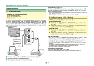 Page 2725
 
Videoanschlüsse
 HDMI-Anschluss
Beispiele für anschließbare Geräte 
EDVD-Spieler/Recorder 
EBlu-ray-Spieler/Recorder 
ESpielekonsole
Die HDMI-Anschlüsse erlauben die Übertragung digitaler Audio- und \
Videodaten 
von einem Spieler/Recorder über ein einziges Anschlusskabel. Die digitalen 
Audio- und Videodaten werden ohne Datenkomprimierung und damit ohne die 
entsprechende Qualitätseinbuße übertragen. Eine Analog/Digital-Umwand\
lung im 
angeschlossenen Gerät, die ebenfalls eine Qualitätseinbuße zur...