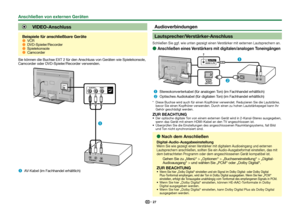 Page 2927
 VIDEO-Anschluss
Beispiele für anschließbare Geräte 
EVCR 
EDVD-Spieler/Recorder 
ESpielekonsole 
ECamcorder
Sie können die Buchse EXT 2 für den Anschluss von Geräten wie S\
pielekonsole, 
Camcorder oder DVD-Spieler/Recorder verwenden.
n
 
AV-Kabel (im Fachhandel erhältlich)
 Audioverbindungen
 Lautsprecher/Verstärker-Anschluss
Schließen Sie ggf. wie unten gezeigt einen Verstärker mit externen Lautsprechern an.
 
EAnschließen eines Verstärkers mit digitalen/analogen Toneingängen
n
o...