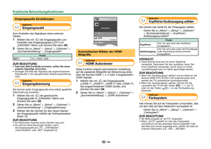 Page 4644
Eingangsquelle-Einstellungen
Optionen
 Eingangswahl
Zum Einstellen des Signaltyps eines externen 
Geräts.
 
1Wählen Sie mit b die Eingangsquelle zum 
Einstellen des Eingangssignals („EXT1) im 
„EINGANG“-Menü und drücken Sie dann ;.
 
2Gehen Sie zu „Menü“ > „Setup“ > „Optionen“ > 
„Buchseneinstellung“ > „Eingangswahl“.
Punkt
EXT1 Y/C, FBAS, RGB
ZUR BEACHTUNGFalls kein Bild (Farbbild) erscheint, sollten Sie einen 
anderen Signaltyp versuchen.
 Schlagen Sie bitte den Signaltyp der angeschlossenen...