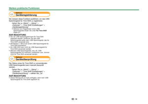 Page 5250
Optionen
 Geräteregistrierung
Sie müssen diese Funktion ausführen, um das USB-
Speichergerät für Time Shift zu registrieren.Gehen Sie zu „Menü“ > „Setup“ > 
„Optionen“ > „Time Shift-Einstellungen“ > 
„Geräteregistrierung“.
 Näheres zum Registrieren eines USB-Speichergeräts finden Sie unter Für Time Shift 
(Seite 47).
ZUR BEACHTUNG Nur ein USB-Speichergerät kann für Time Shift registriert werden. Entfernen Sie alle USB-
Speichergeräte außer dem USB-Speichergerät, das für 
Time Shift verwendet wird....