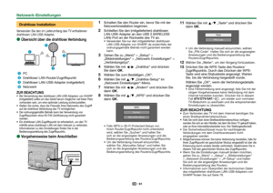 Page 6361
 Drahtlose Installation
Verwenden Sie den im Lieferumfang des TV enthaltenen 
drahtlosen LAN-USB-Adapter.
 
EÜbersicht über die drahtlose Verbindung
 
PC
 
Drahtloser LAN-Router/Zugriffspunkt
 
Drahtloser LAN-USB-Adapter (mitgeliefert)
 
Netzwerk
ZUR BEACHTUNGBei Verwendung des drahtlosen LAN-USB-Adapters von SHARP 
(mitgeliefert) sollte um das Gerät herum möglichst viel freier Platz 
vorhanden sein, um eine optimale Leistung sicherzustellen.
Stellen Sie sicher, dass die Firewalls Ihres Netzwerks...