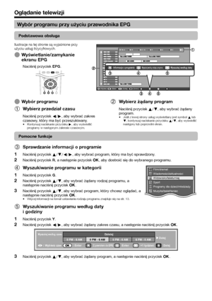 Page 1614
Wybór programu przy użyciu przewodnika EPG
Podstawowa obsługa
Ilustracje na tej stronie są wyjaśnione przy 
użyciu usług trzycyfrowych.
Wyświetlanie/zamykanie 
ekranu EPG
Naciśnij przycisk EPG.
E
WybierzEnterCofnijZamknij
AMPM
Informacje o programieWyszukaj według rodzaju programuWyszukaj według daty
Wybór programu
Wybierz przedział czasu
Naciśnij przycisk c/d, aby wybrać zakres 
czasowy, który ma być przeszukiwany.
Kontynuuj naciskanie przycisku d, aby wyświetlić 
programy w następnym zakresie...