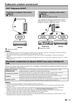 Page 1917
Połączenie SCART
Przykładowe urządzenia, które można 
podłączy\b
Dekoder
E

Dekoder
Kabel typu SCART

Przykładowe urządzenia, które można 
podłączy\b
Magnetowid
Odtwarzacz/nagrywarka DVD
E
E
Jeśli magnetowid obsługuje zaawansowane systemy 
połączenia telewizor-magnetowid AV Link, można go 
podłączyć za pomocą kabla typu SCART.


Magnetowid Dekoder
Kabel typu SCART

UWAGAW przypadku gdy dekoder musi odebrać sygnał z telewizora, należ\Ćy wybrać złącze wejściowe, do którego jest podłączony dekoder,...