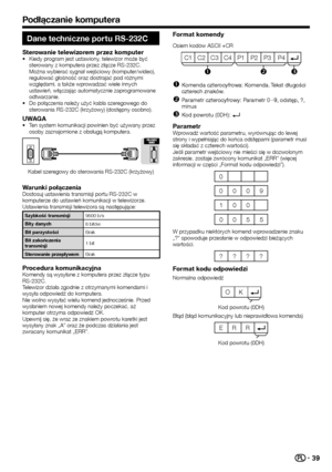 Page 4139
Dane techniczne por tu RS-232C
Sterowanie telewizorem przez komputerKiedy program jest ustawiony, telewizor może być 
sterowany z komputera przez złącze RS-232C. 
Można wybierać sygnał wejściowy (komputer/wideo), 
regulować głośność oraz dostrajać pod różnymi 
względami, a także wprowadzać wiele innych 
ustawień, włączając automatycznie zaprogramowane 
odtwarzanie.
Do połączenia należy użyć kabla szeregowego do 
sterowania RS-232C (krzyżowy) (dostępny osobno).
UWAGATen system komunikacji powinien być...