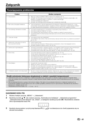 Page 4341
Rozwiązywanie problemów
ProblemMożliwe rozwiązanie
Brak zasilania.
•
Włącz (;) przełącznik MAIN POWER z lewej strony telewizora (str. 4).
Sprawd\b, czy naciśnięty został znajdujący się na pilocie\Ć zdalnego sterowania przycisk B. Jeśli 
wska\bnik na telewizorze świeci na czerwono, naciśnij przyciski B.
Czy kabel zasilający jest rozłączony?
Sprawd\b, czy naciśnięty został znajdujący się na telewiz\Ćorze przycisk a.
•
•
•
•
Nie można obsługiwać telewizora.
• Czynniki zewnętrzne, takie jak wyładowania...