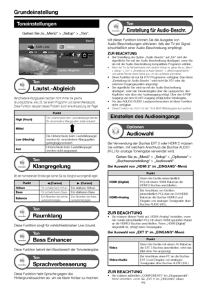 Page 3432
Toneinstellungen
Gehen Sie zu „Menü“ > „Setup“ > „Ton“.
Setup
Lautst.-Abgleich Ton
[Aus]
STANDARD
KAN-Liste
:Zurück
:OK
Menü
Ton
Lautst.-Abgleich
Verschiedene	Klangquellen	besitzen	nicht	immer	die	gleiche	Grundlautstärke,	wie	z.B.	bei	einem	Programm	und	seinen	Werbespots.	Diese	Funktion	reduziert	dieses	Problem	durch	eine	Anpassung	der	Pegel.
Punkt
High (Hoch)Die	 Unterschiede	 beim	Lautstärkepegel	 werden	
für	verschiedene	Klangquellen	stark	reduziert.
Mittel
Low (Niedrig) Die	Unterschiede	beim...