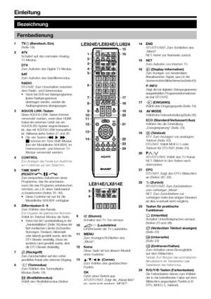 Page 64
Bezeichnung
Fernbedienung
 1>a (Bereitsch./Ein)(Seite	18)
 2ATVSchaltet	auf	den	normalen	Analog-TV-Modus.
DTVZum	Aufrufen	des	Digital-TV-Modus.
SATZum	Aufrufen	des	Satellitenmodus.
RADIODTV/SAT:	Zum	Umschalten	zwischen	dem	Radio-	und	Datenmodus.•	Wenn	bei	DVB	nur	Datenprogramme	(keine	Radioprogramme)	übertragen	werden,	werden	die	Radioprogramme	übersprungen.
 3AQUOS LINK-TastenDiese	AQUOS	LINK-Tasten	können	verwendet	werden,	wenn	über	HDMI-Kabel	ein	externes	Gerät	wie	ein	AQUOS	BD-Spieler	angeschlossen...