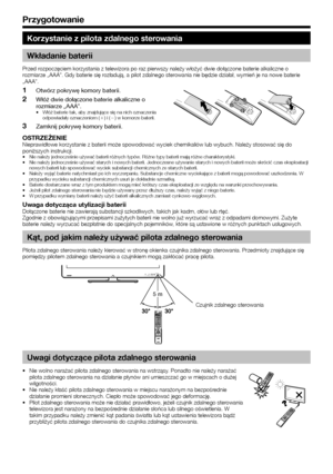 Page 1210
Korzystanie z pilota zdalnego sterowania
Wkładanie baterii
Przed rozpoczęciem korzystania z telewizora po raz pierwszy należy wło\
żyć dwie dołączone baterie alkaliczne o rozmiarze „AAA”. Gdy baterie się rozładują, a pilot zdalnego sterowania nie będzie działał, wymień je na nowe baterie „AAA”.
 1Otwórz pokrywę komory baterii.
 2Włóż dwie dołączone baterie alkaliczne o rozmiarze „AAA”.•	Włóż baterie tak, aby znajdujące się na nich oznaczenia odpowiadały oznaczeniom (e) i (f) w komorze baterii....